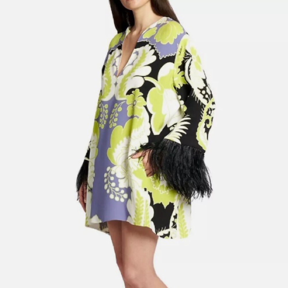 Valentino Tapestry Feather-Trimmed Silk Mini Dress size XL 12 IT 48  $5500